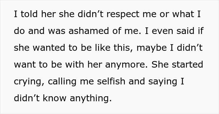 Man wonders if his relationship is doomed as his girlfriend pressures him to lie about his career and values.