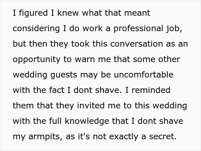 Text excerpt discussing bride and groom viewing woman's hairy armpits as a personal insult at wedding event.