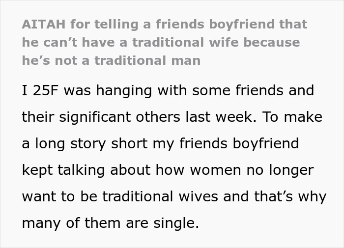 Text excerpt discussing toxic man venting about traditional wives and reactions to his flawed logic in relationships.