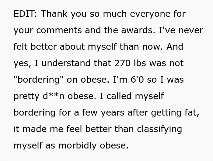 Text post discussing personal weight and feelings about being classified as obese, relating to guy vents online and girlfriend claps back.