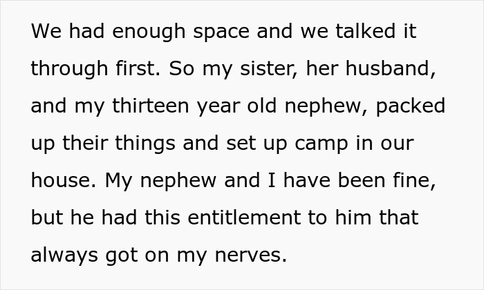 Text excerpt discussing entitlement and family tension with sister, husband, and thirteen-year-old nephew setting up camp indoors. Text excerpt discussing entitlement and family tension with sister, husband, and thirteen-year-old nephew setting up camp indoors.