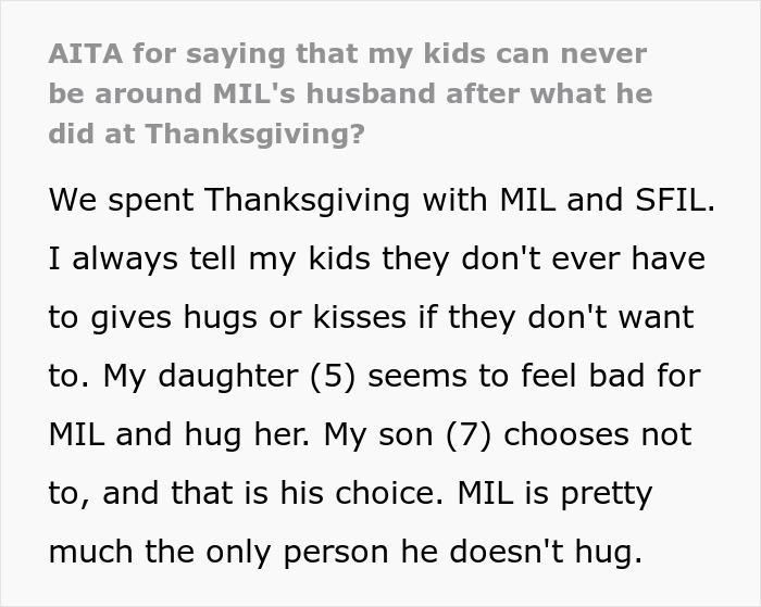 Text excerpt about a step-grandpa banned from visiting kids after denying candy to 7-year-old who refused a hug from granny.