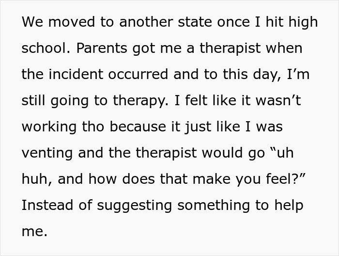 Text discussing ongoing therapy after a personal incident, with feelings about venting and therapist responses.