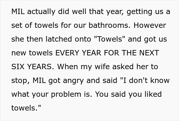 Text excerpt from a story showing a mother-in-law repeatedly gifting towels despite requests to stop.