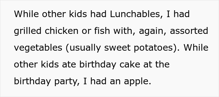 Text excerpt showing a child&rsquo;s experience with food allergies, highlighting parents lied about allergies affecting meals.