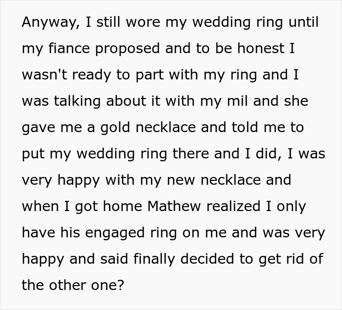 Text about wearing a wedding ring and discussing a breaking up ultimatum over ring with a mother-in-law.