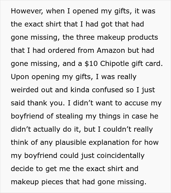 Woman confused about Christmas gifts from boyfriend as they match the exact missing items including shirt and makeup products.