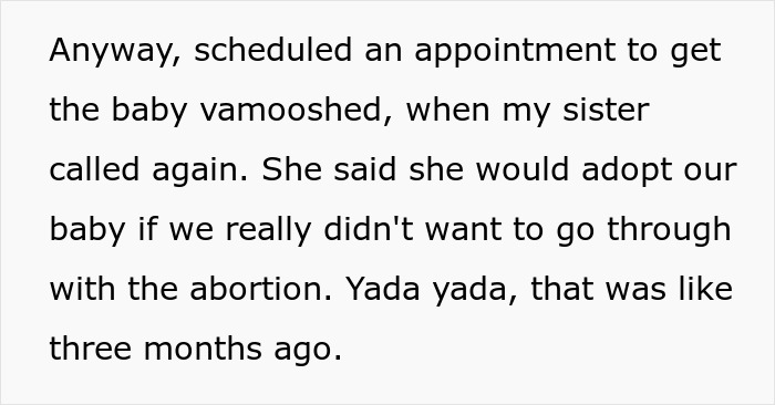 Text discussing a woman scheduling an abortion while her sister offers to adopt the white baby instead.
