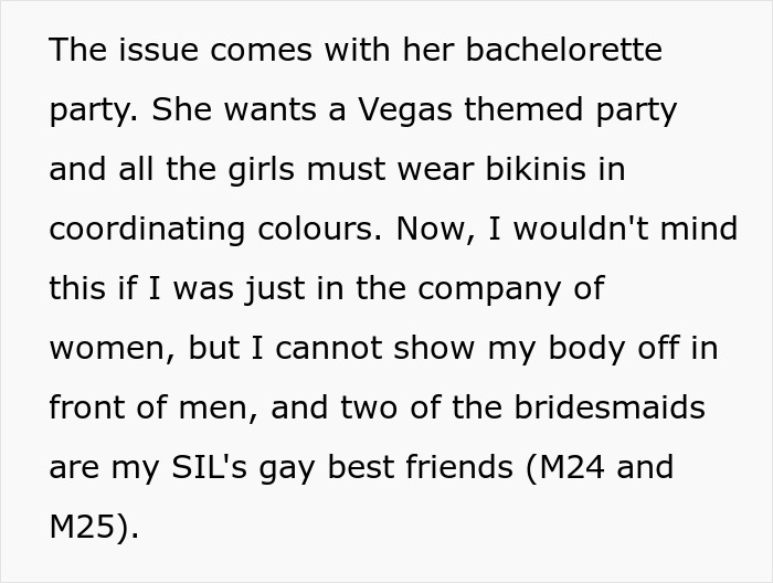 Text explaining conflict where Muslim daughter-in-law refuses to wear bikini to bridal party, causing family tension.