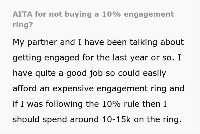 Text excerpt discussing the decision to refuse buying an engagement ring following the 10% spending rule. Text excerpt discussing the decision to refuse buying an engagement ring following the 10% spending rule.