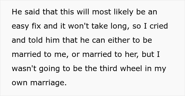 Text excerpt about a woman refusing to be the third wheel in her marriage, addressing her husband’s divided loyalty. Text excerpt about a woman refusing to be the third wheel in her marriage, addressing her husband’s divided loyalty.