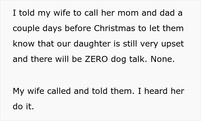 Text about a family avoiding dog talk during Christmas to keep peace with mil-house Christmas dog.