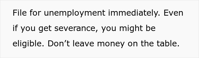 Text highlighting the importance of filing for unemployment immediately to avoid losing money, indicating job is not safe. Text highlighting the importance of filing for unemployment immediately to avoid losing money, indicating job is not safe.