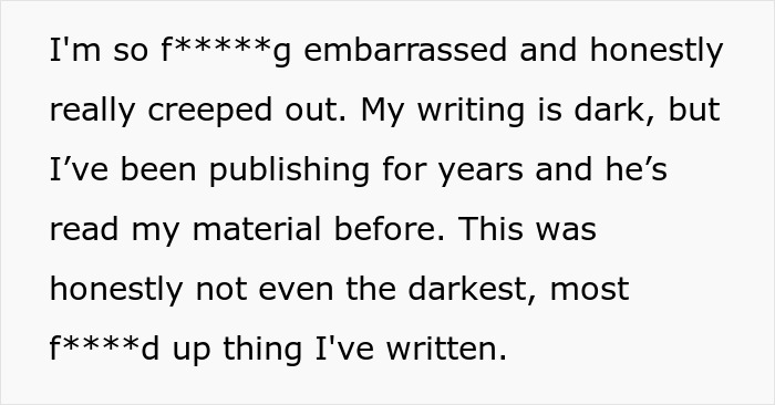 Text excerpt from a woman asking the internet for advice after her boyfriend calls the police over her novel&rsquo;s content.