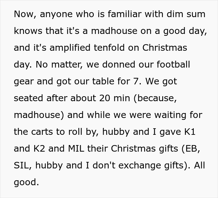 Family at dim sum restaurant with brother making bil pay dinner while waiting for gift exchange during Christmas.