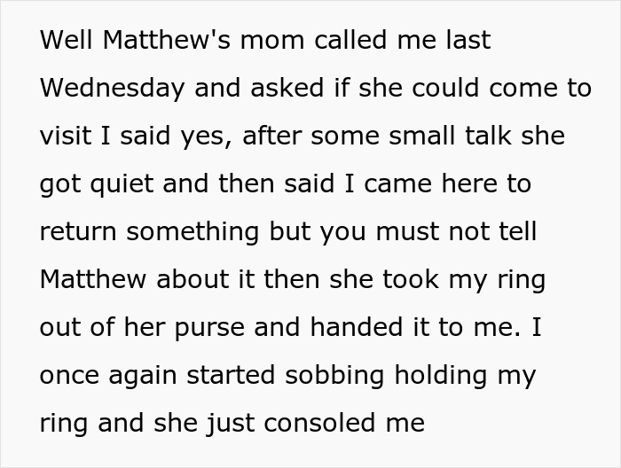 Text excerpt showing a heartfelt moment involving a breaking up ultimatum over ring returned by Matthew's mom.