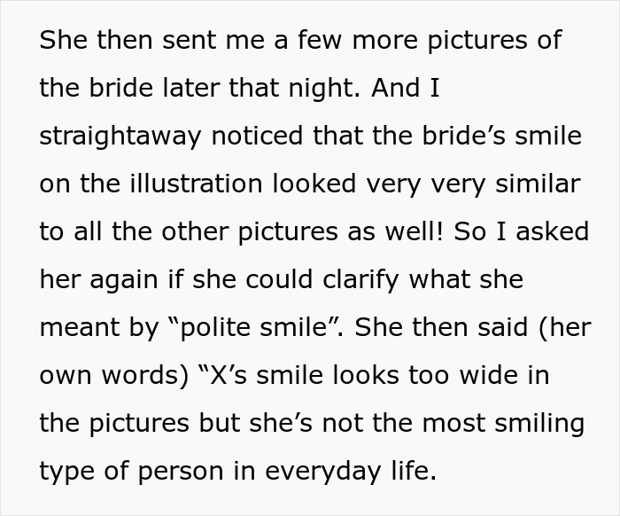 Text excerpt discussing a bride&rsquo;s smile in an illustration and a mother-in-law&rsquo;s plan to alter the wedding artwork.