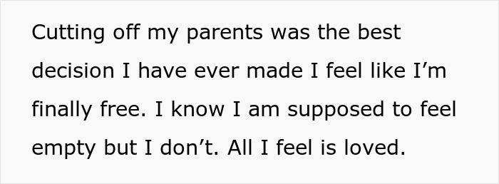 Text image stating feelings of freedom and love after cutting off parents amid bride’s parents tantrums at wedding conflict. Text image stating feelings of freedom and love after cutting off parents amid bride’s parents tantrums at wedding conflict.