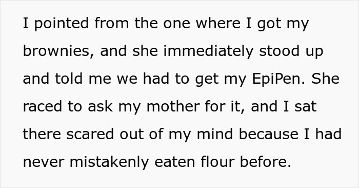 Text excerpt describing a child&rsquo;s fear after parents lied about allergies, mentioning EpiPen and mistaken flour exposure.