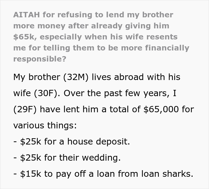 Reddit post screenshot about lending $65k to brother, money conflict with his wife and family tension
