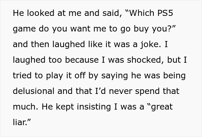 Text excerpt showing conversation about wanting a PS5 game and misunderstanding after pressuring girlfriend about the gift.