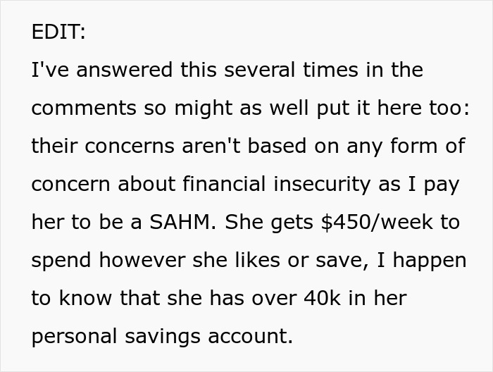 Text excerpt discussing refusal to buy engagement ring, financial independence, and personal savings for a stay-at-home mom. Text excerpt discussing refusal to buy engagement ring, financial independence, and personal savings for a stay-at-home mom.