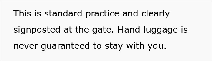 Standard airline luggage policy sign explaining hand luggage is not guaranteed to stay with passengers at the gate.