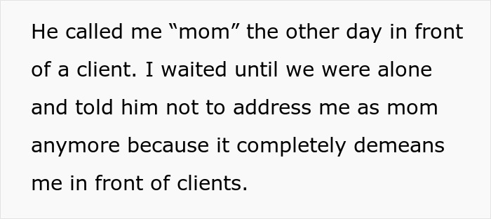 Text showing a woman describing feeling weirded out as a coworker insists on calling her his work mom.