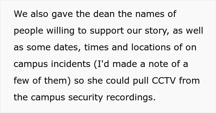 Text excerpt discussing supporting a story to the dean with names and dates for campus incident CCTV review.