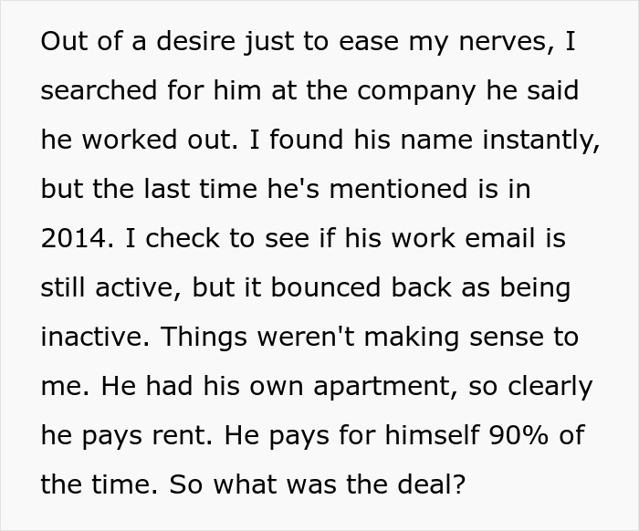 Text excerpt showing a woman discovering her boyfriend built their relationship on lies due to fear of losing her.