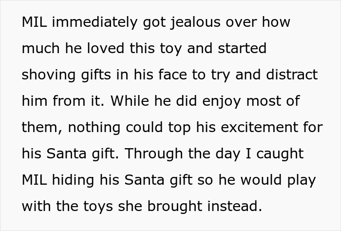 Text describing a grandma turning Christmas into a weird competition with Santa, with family blocking her gifts.
