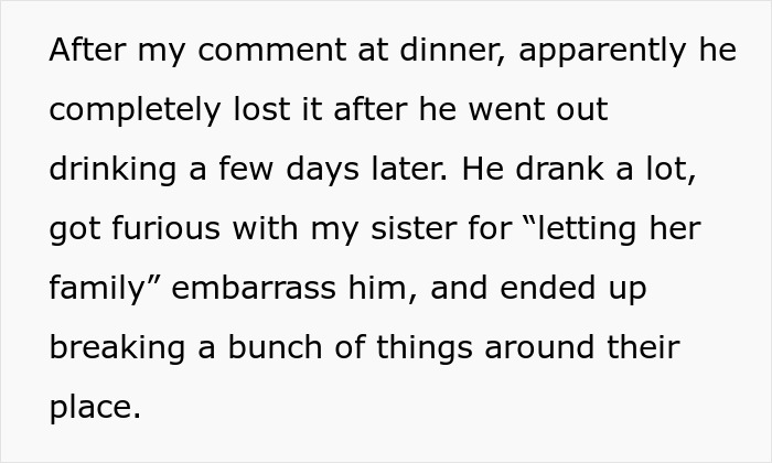 Text excerpt describing a woman clapping back at her brother-in-law during Thanksgiving dinner after he criticizes her brother.