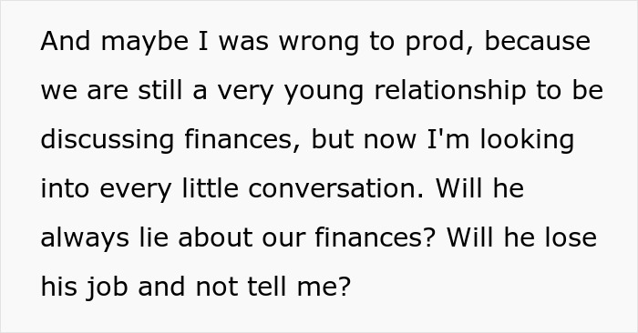 Text about a woman questioning honesty in a young relationship, fearing lies and hidden truths about finances.