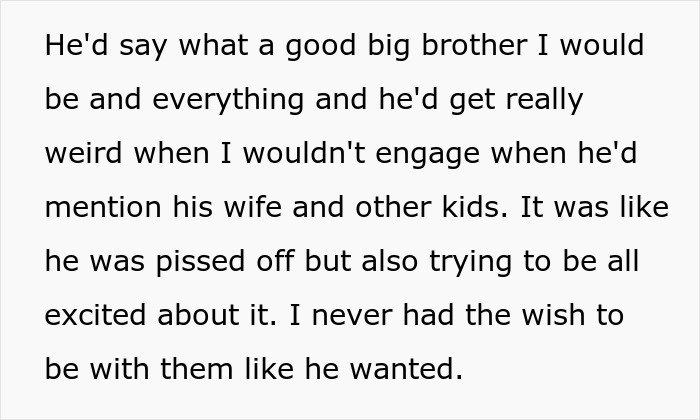 Text describing feelings of refusing to establish relationship with fathers' kids and conflicted emotions about engagement.