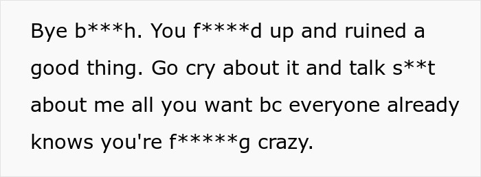 Text showing a hostile message with censored profanity, reflecting a MIL verbally attacking a woman after family dog poisoning incident.