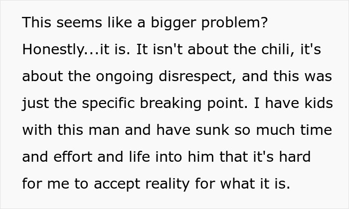 Text image discussing ongoing disrespect and relationship challenges, reflecting on the pot of chili incident and personal struggles.