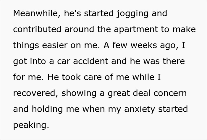 Text excerpt describing a boyfriend showing concern during recovery and holding partner through anxiety in a relationship.