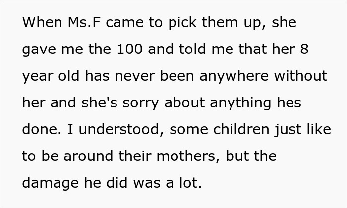 Text excerpt about a teen refusing to babysit a reckless 8-year-old and the mother reacting negatively.