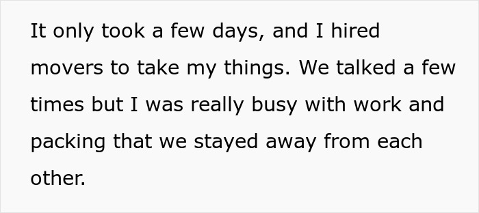 Text excerpt about hiring movers and staying away due to work and packing, from a woman worried about wedding photos.