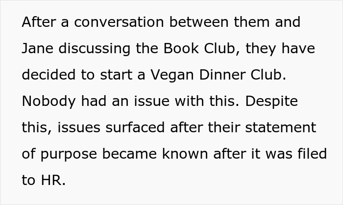 Text describing a conversation leading to the start of a vegan dinner club and ensuing workplace conflict.