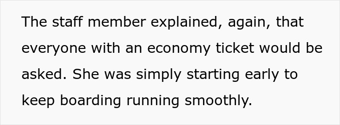 Airline worker explains luggage policy to economy passengers during boarding, facing a hostile British woman.