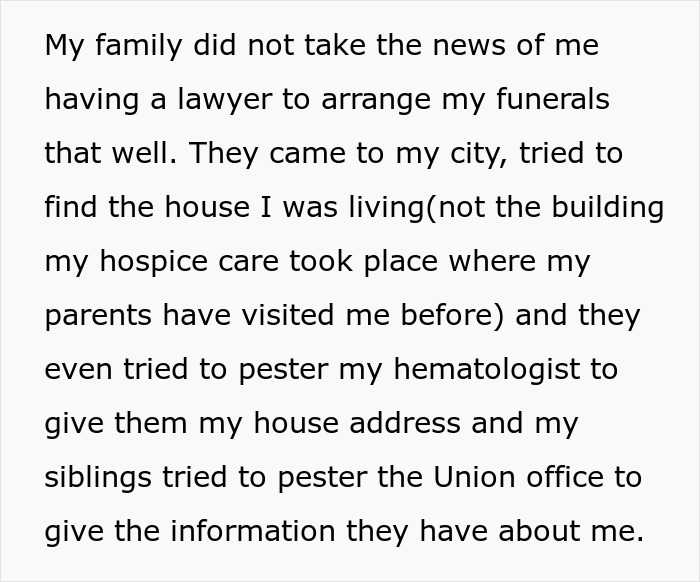 Text excerpt showing a family&rsquo;s reaction after a guy tells them he doesn&rsquo;t want a funeral, causing hometown unrest.