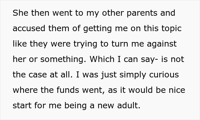Text excerpt showing a teen questioning what happened to her $30k funds while her mom gives vague answers.