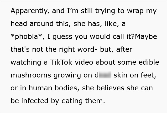 Text excerpt explaining a woman calling out SIL for pretending to have a food allergy after watching a TikTok video.