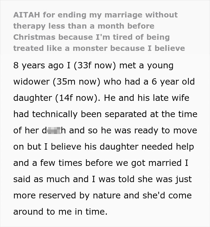 Text excerpt from a woman sharing struggles with stepdaughter&rsquo;s behavior and difficult in-laws before leaving husband after 8 years.