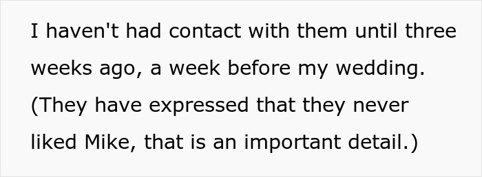 Text screenshot showing a message about no contact with family until a week before wedding, mentioning dislike of groom Mike.