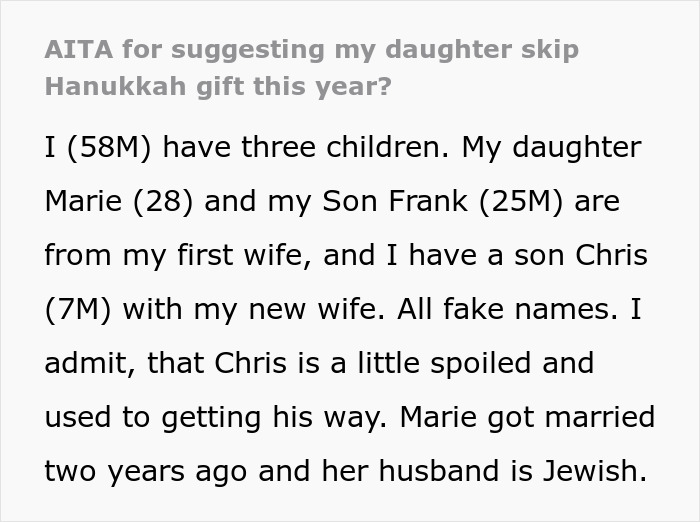 Screenshot of a forum post about dad demanding family skips Hanukkah gifts because his son is spoiled and will have a tantrum.