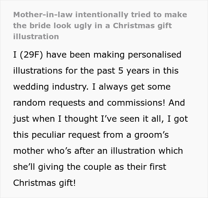 Mother-in-law&rsquo;s plan to make bride look ugly in wedding illustration fails when artist notices the scheme.