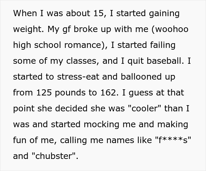 Text excerpt describing a guy&rsquo;s experience with weight gain and a breakup, highlighting relationship conflict online.