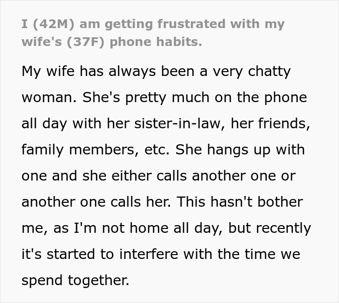 Text post describing a man frustrated with his wife's phone dependence interfering with their family time.
